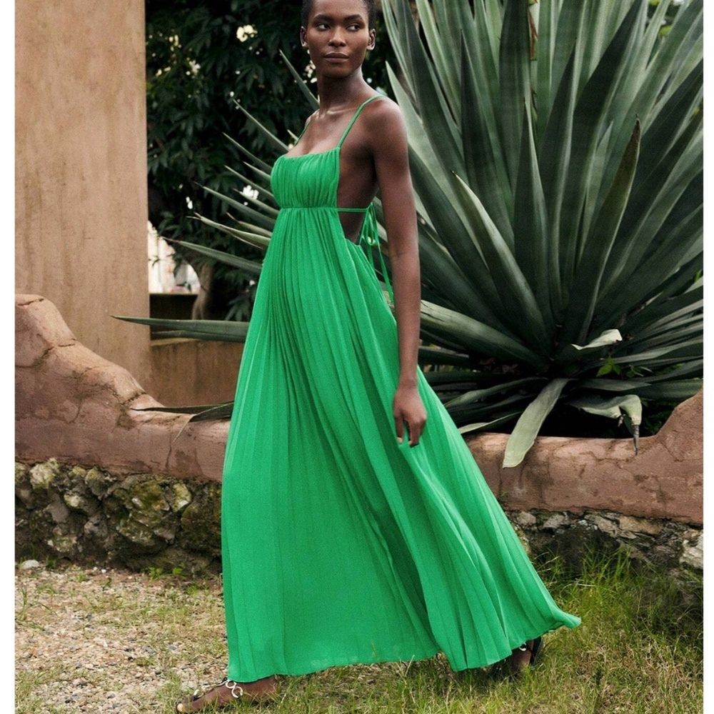 Green Pleated Maxi Dress Open Back Flowy Skirt Tie Straps